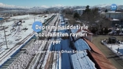 Depremin şiddetiyle eğrilen tren rayları onarılıyor