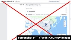 Hình ảnh bản đồ của Facebook đưa Hoàng Sa và Trường Sa vào lãnh thổ của Trung Quốc. (Ảnh chụp màn hình TinTuc1h)